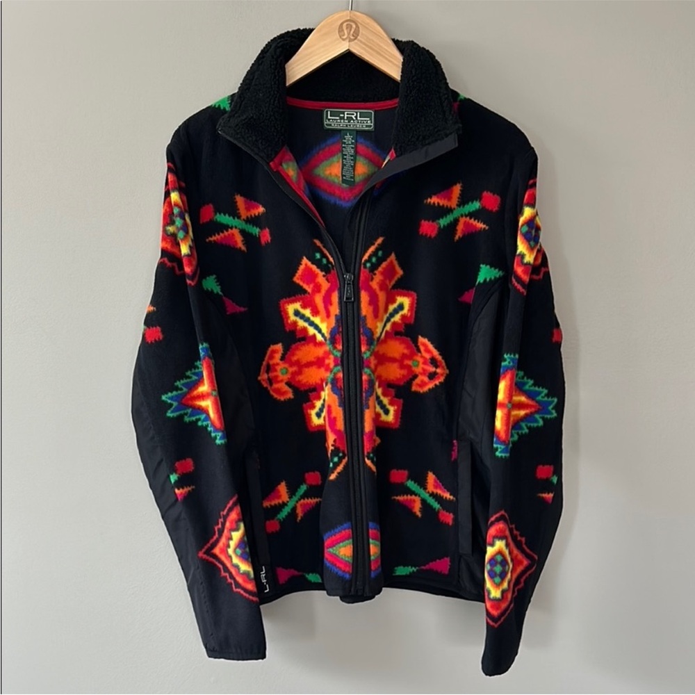 Ralph Lauren Black Multicolor Southwestern Aztec Fleece‎ Jacket Size L Black